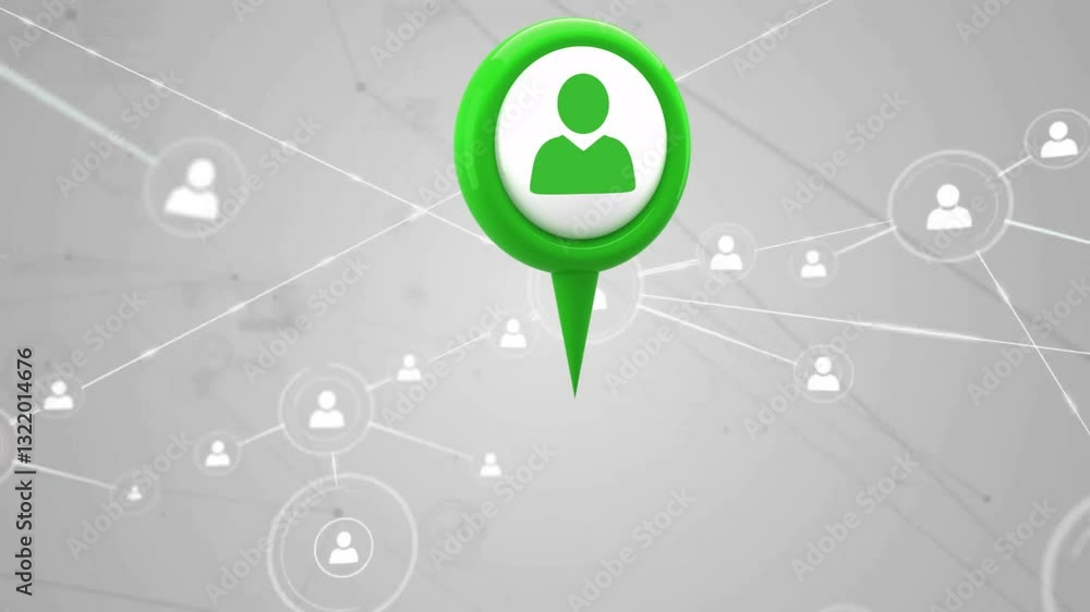 Poster animation of green location pin over network of user icons on gray background