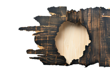 An intriguing wooden panel features striking burn marks and a hollow center, reflecting a blend of craftsmanship and rustic charm in design