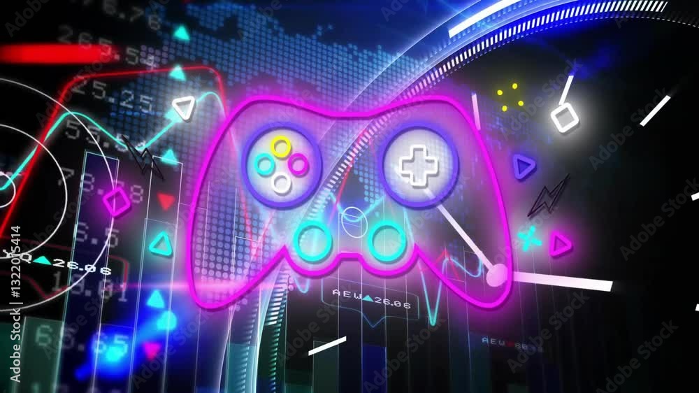 Poster digital animation of neon game controller with futuristic graphics in school setting