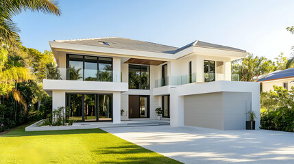 Contemporary two-story house with white walls and a light gray tiled roof in a minimalist design