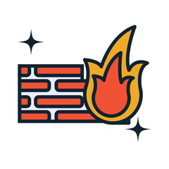 Vector illustration of a firewall symbol with a brick wall and flame icon representing internet security, network protection, and cybersecurity defense