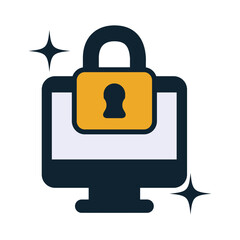 Vector illustration of a desktop computer with padlock and sparkle effects representing online security, data protection, and computer privacy