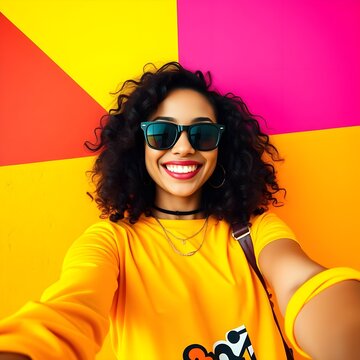 Mujer con gafas tom&aacute;ndose una foto selfie con la c&aacute;mara