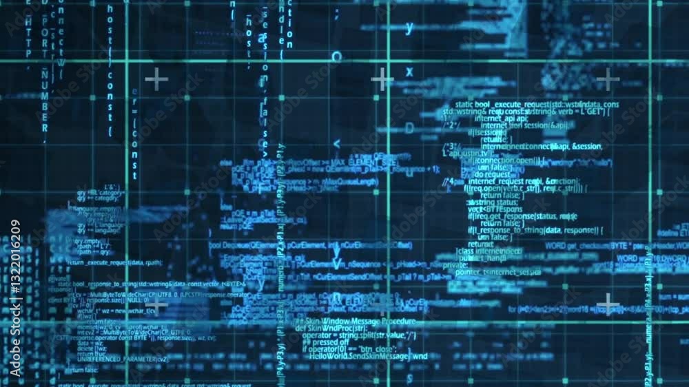 Poster Digital code and data processing animation over blue grid background