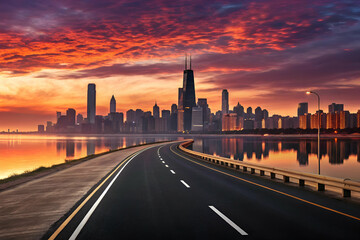 Obraz premium Scenic Sunset View of a Winding Road Leading Towards a Vibrant City Skyline Reflected in the Water Under a Colorful Sky