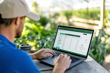 In a lush greenhouse setting, a farmer skillfully monitors and adjusts environmental controls via a laptop. High-tech dashboards display critical data for efficient plant management