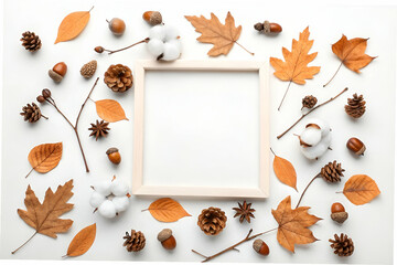 Autumn Inspired Flat Lay Composition with Wooden Frame Surrounded by Leaves, Pinecones, Acorns, and Cotton Blossoms on a Light Background