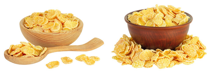 Cornflakes in wooden bowl and spoon isolated on white background.