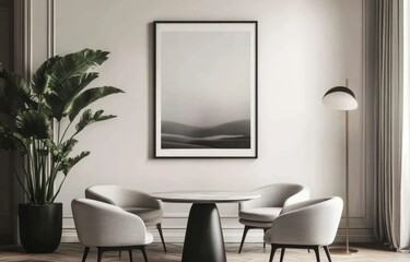 Fototapeta premium Modern Dining Room Interior with Round Table Chairs and Artwork
