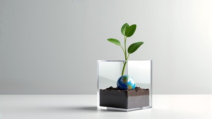 A small plant in a glass vase with a globe inside of it.
