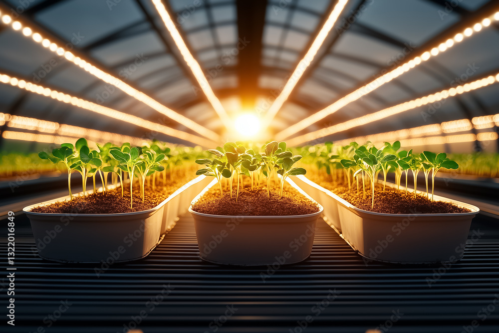 Poster seedlings thrive in neatly arranged trays under automated lights, casting a warm glow that enhances 