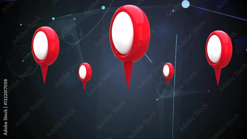 Poster floating red location pins with digital network animation on dark background