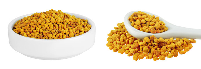 Bee pollen grains in ceramic bowl and spoon isolated on white background