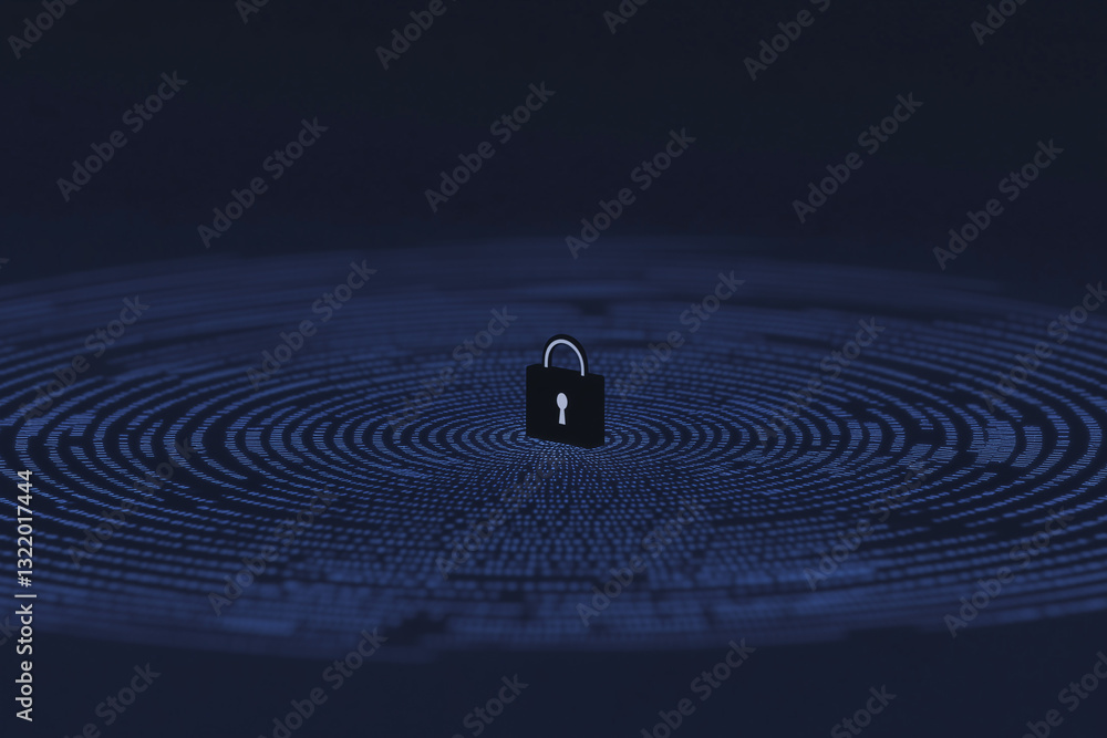 Poster cybersecurity assurance: a digital padlock, symbol of security and protection, sits centered on a su