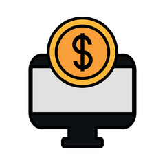 Vector illustration of a computer monitor with a dollar coin symbolizing online payments and digital financial transactions