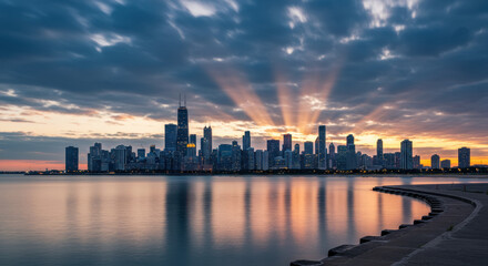 ** Chicago Skyline Sunrise: Breathtaking Lakefront View with Golden Rays & Cityscape Reflections. Captivating Dawn in the Windy City!