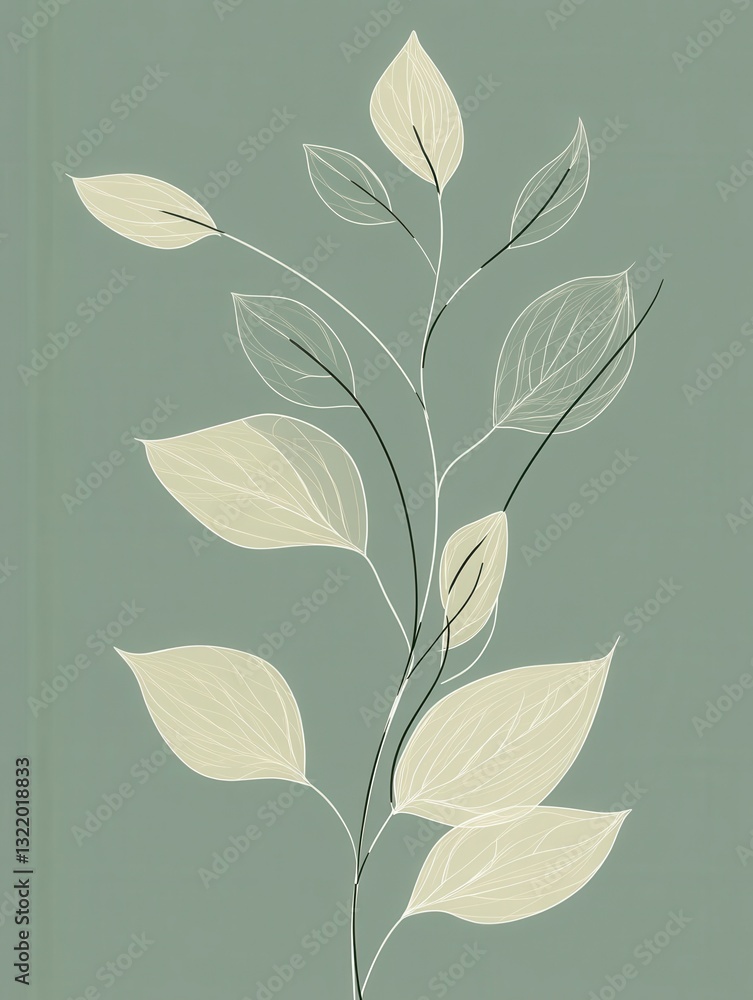 Poster Elegant botanical line art on a soft green background creating a modern eco-friendly design with subtle leaf textures and balanced composition