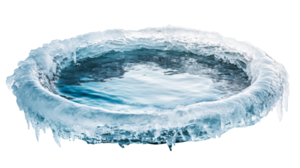 Frozen water surface with ice formation on transparent background