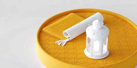 Fototapeta premium A vibrant yellow tray holds a white lantern and a folded towel, creating a cheerful and inviting decor setup