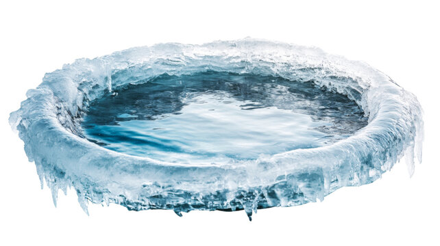 Frozen water surface with ice formation on transparent background