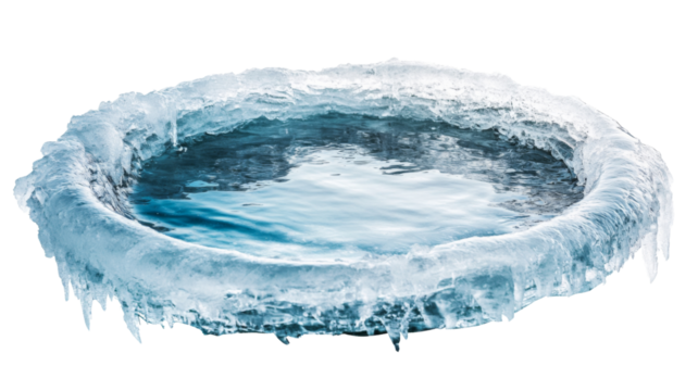 Frozen water surface with ice formation on transparent background