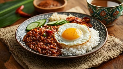 A cozy breakfast-inspired nasi lemak with a sunny-side-up egg, served alongside a warm cup of kopi, on a traditional batik cloth