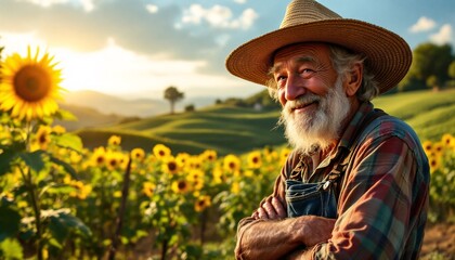Fototapeta premium Smiling Farmer in a Sunflower Field at Sunset