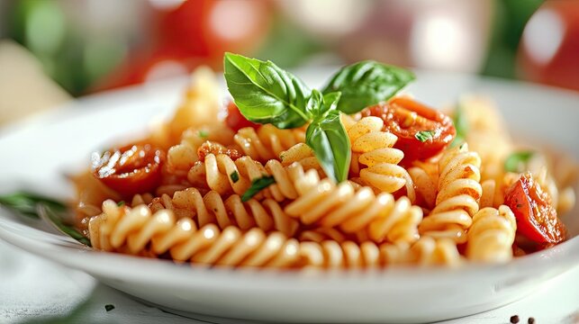 Fusilli pasta, spiral with tomato sauce - Italian cuisine style.