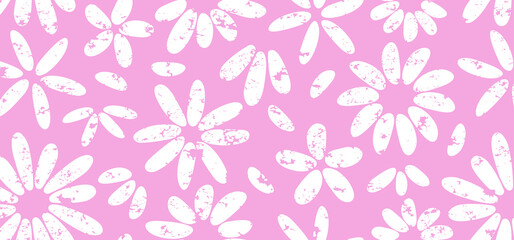 Groovy floral chalk seamless pattern, white daisy crayon background, summer chamomile baby print, cute spring flower bg, grunge pastel pink textile. Abstract naive watercolor vector illustration