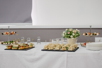 Delicacies and snacks at the buffet or banquet. Catering.