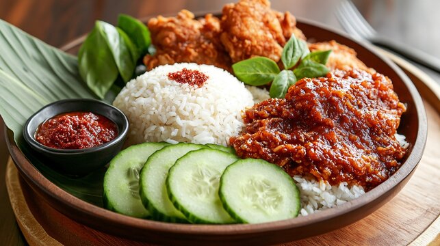 A home-style nasi lemak with rich, thick sambal generously poured over the rice, accompanied by crispy fried chicken and fresh cucumber slices
