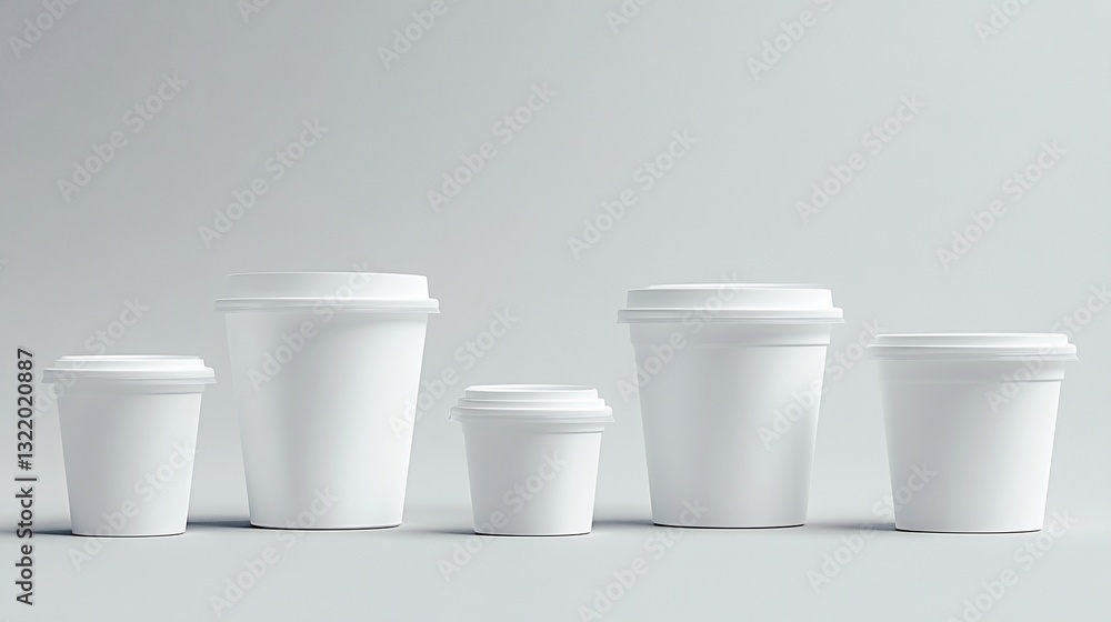Poster five white paper cups with lids in different sizes on a gray background