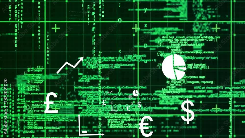 Poster green digital code and data processing animation on dark grid background