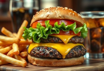 A mouth-watering hamburger with toppings and sides