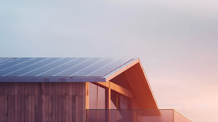 A house with a slanted roof and a balcony