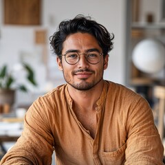 Portrait of cheerful creative minded young person toothy smile look interested