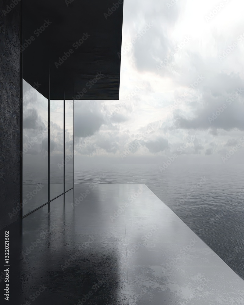 Poster modern minimalist architecture with ocean view and cloudy sky