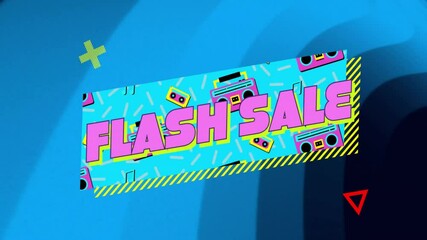 Animation of retro graphics with vibrant colors for flash sale on blue background - Powered by Adobe