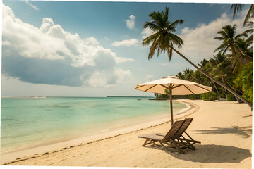 Tranquil Beach Scene with Lounge Chairs Under Parasols Surrounded by Palm Trees and Calm Blue Waters, Ideal for Relaxation and Vacation Imagery