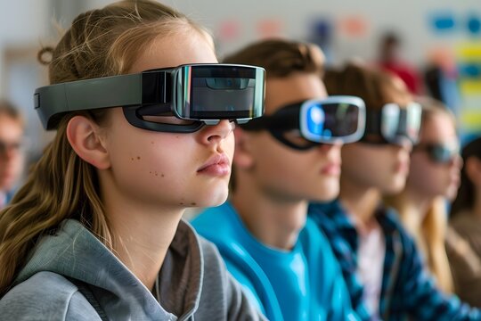 Thoughtful school children wearing virtual reality headsets in classroom