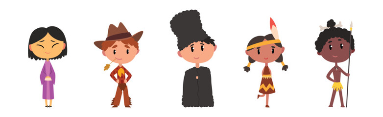 Kids in Traditional National Costume and Dress Vector Set