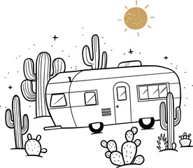 Minimalist Camper Van in Desert Landscape with Cacti & Sunset – Monochrome Adventure Illustration
