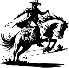 Monochrome Cowboy Riding Galloping Horse &ndash; Vintage Western Salinas California Illustration
