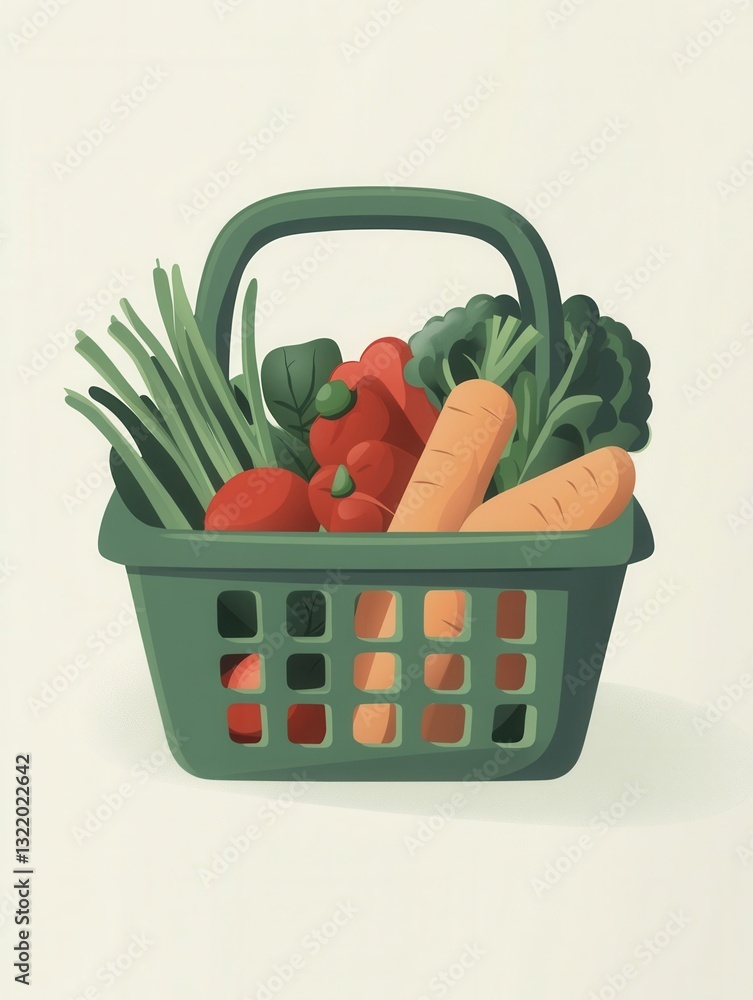 Poster fresh fruits and vegetables in a minimalistic green shopping basket with a soft pastel background