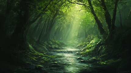 Naklejka premium Serene forest landscape with sunlit stream and lush green foliage