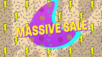 Colorful abstract shapes and lightning bolt patterns in massive sale animation - Powered by Adobe