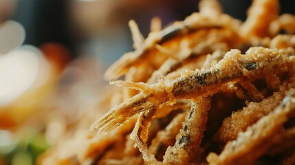Extreme close up of crispy fried anchovies, showing intricate textures and golden crunchiness, with a blurred background of nasi lemak
