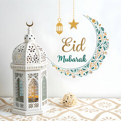 A poster islamic eid mubarak with arabic calligraphy mandala and lantern paper effect retro style