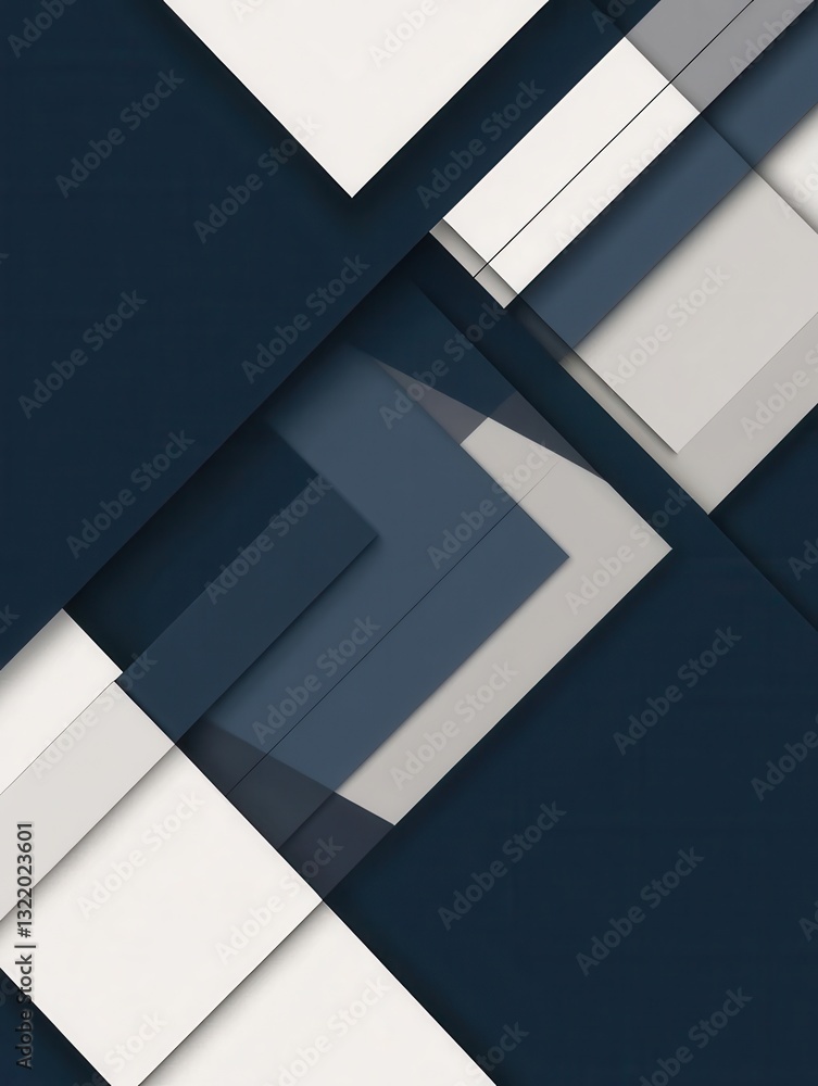 Poster structured geometric background in navy blue, gray, and white with balanced layout featuring subtle 