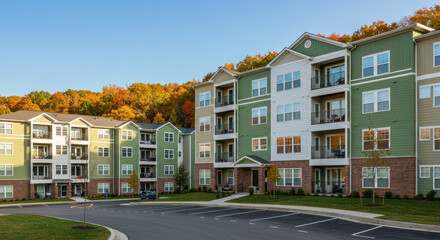 Stylish Apartments in Autumn: Modern Living with Balconies, Landscaping & Fall Foliage Views. Perfect Residences, Homes, Condos, & Real Estate!